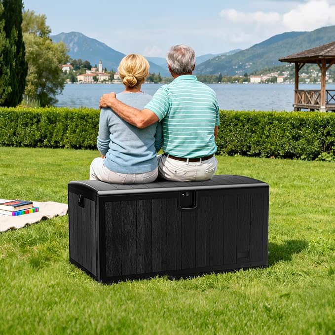 JEKO&JEKO 205 Gallon Outdoor Storage Box Set, 2-Pack (75 Gallon & 130 Gallon) Deck Boxes with Lockable Lid for Patio and Garden, Black
