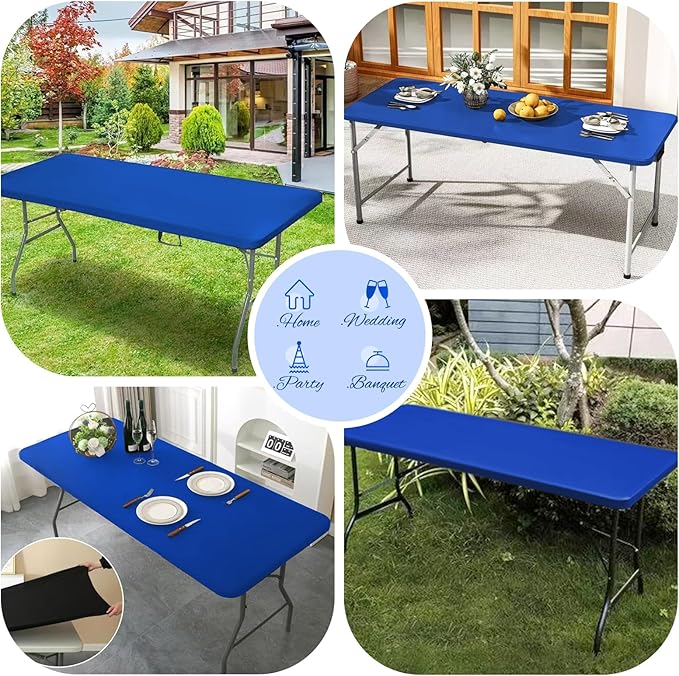 10 Pack Stretch Fabric Table Top Cap Cover, fits 8Ft Tables, Spandex Table Covers Washable Elastic Universal Rectangle Tablecloth Protector for Outdoor Party Picnic Wedding, Royal Blue, 30" W x 96" L