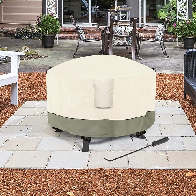 Fire Pit Cover,Outdoor Heavy Duty 600D 100% Waterproof Fire Pit Cover Round,Weatherproof Firepit Covers Round 32" Dia x 24" H,Beige