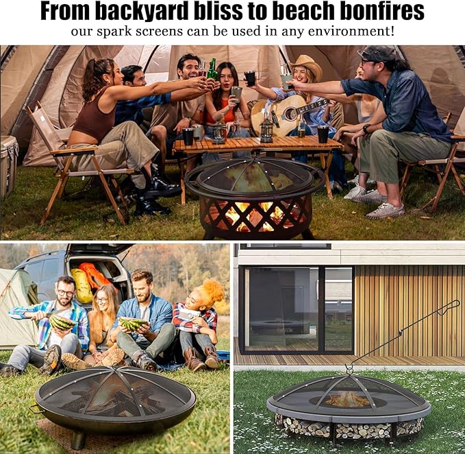 Fire Pit Spark Screen, 36Inch Fire Pit Lid Outdoor with Handle & Poker, Heavy-Duty Mesh Firepit Cove with 12 Reinforced Bars for Backyard/Beach/RV Camping
