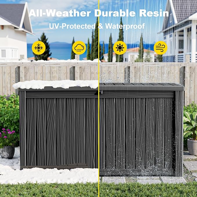 180 Gallon Waterproof Outdoor Storage Box, UV Resistant Resin Deck Box with Hydraulic Rod for Reinforced Stability, Perfect for Patio, Garden, and Pool(Black,180 Gallon)