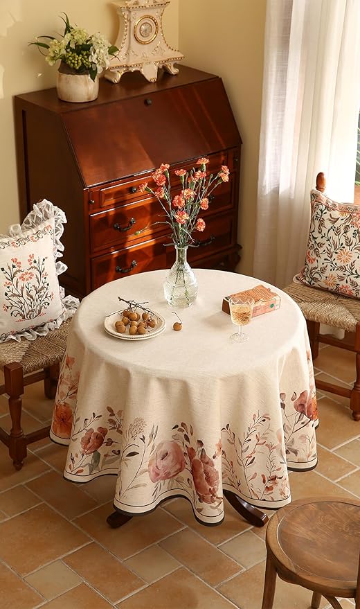 French Linen Small Round Tablecloth,Vintage Pink with Floral Pattern Wrinkle Free Tablecloths,Decor Table Cover for Kitchen,Dining,Thanksgiving,Christmas,Diameter 55"-Sloosa