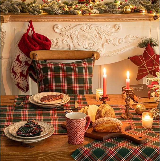 Green Red Plaid Christmas Table Runner, Winter Holiday Table Runners 48 inches Long, Xmas Decorations Indoor Outdoor Farmhouse Home Kitchen Dining Party Decor
