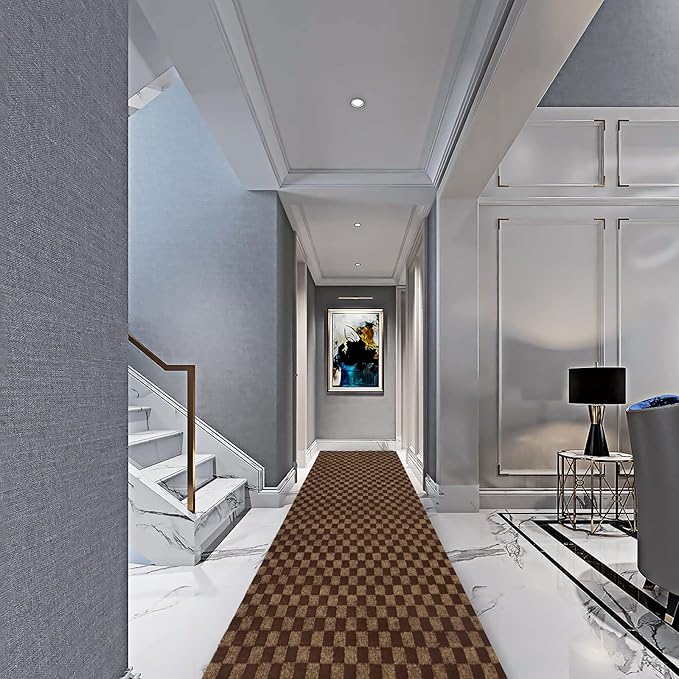 3' x 80' Runner Rugs with Rubber Backing, Indoor Outdoor Utility Carpet Runner Rugs, Checkered Brown, Can Be Used as Aisle for The RV and Boat, Laundry Room and Balcony