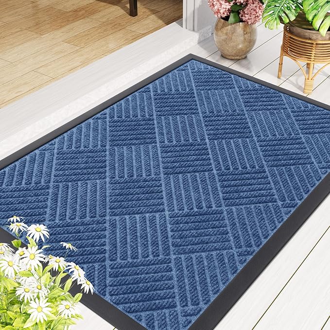 Smiry Front Door Mat Outside Entrance, Heavy Duty Outdoor Indoor Mat, Natural Rubber Doormat, Non Slip, Trap Dirt and Moisture, Easy Clean, Low Profile Patio Porch Entryway Mat, 59x23, Blue