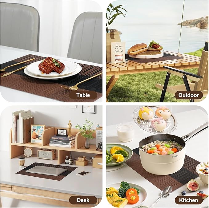 Placemats Set of 8,Non-Slip PVC Weave Table Mats Easy to Clean,Heat Resistant Place Mats for Kitchen Dining Table Decoration Indoor Outdoor,Black Brown