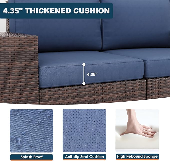 7 Piece Patio Furniture Set with Fire Pit Table, Outdoor Conversation Sets Wicker Rattan Sectional Sofa with Coffee Table, 4'' Thickened Cushion Navy Blue (Include Waterproof Cover)