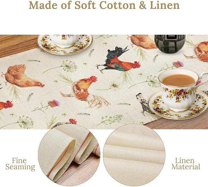 Farmhouse Rooster Table Runner, Rustic Farm Animals Cow Pig Chicken Coffee Table Center Decor for Home Kitchen Dining Patio Holiday Party Indoor Outdoor Table Decorations, 13"x72" Inch