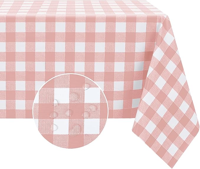 Romanstile Rectangle Vinyl Tablecloth, 100% Waterproof Checkered Plastic Table Cloth, Heavy Duty Buffalo Gingham Table Cover for Dining, Camping, Picnic, Outdoor - 54 x 78 Inch, Light Pink