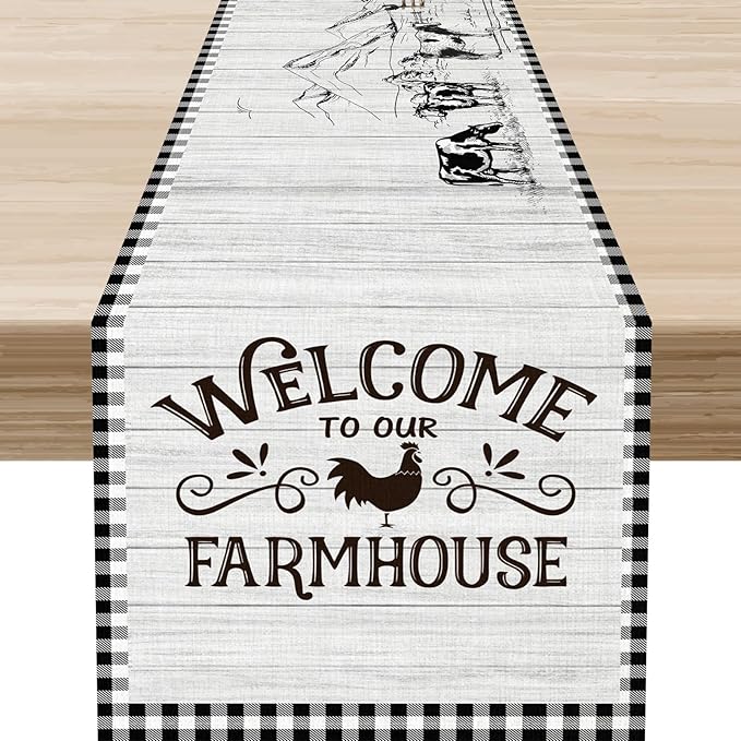 Farmhouse Rooster Table Runner, Rustic Farm Animals Cow Pig Chicken Coffee Table Center Decor for Home Kitchen Dining Patio Holiday Party Indoor Outdoor Table Decorations, 13"x90" Inch