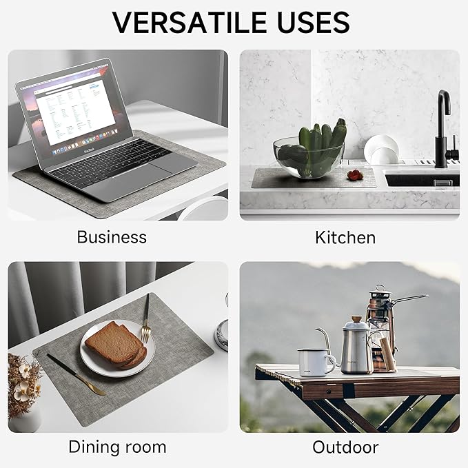 Faux Leather Vinyl Placemats Set of 6 Wipeable Heat Resistant Place Mats 100% Washable - Waterproof - Anti Slip Reversible Table Mats for Kitchen/Dining/Party/Outdoor, 12" x 16.5", Dark Grey