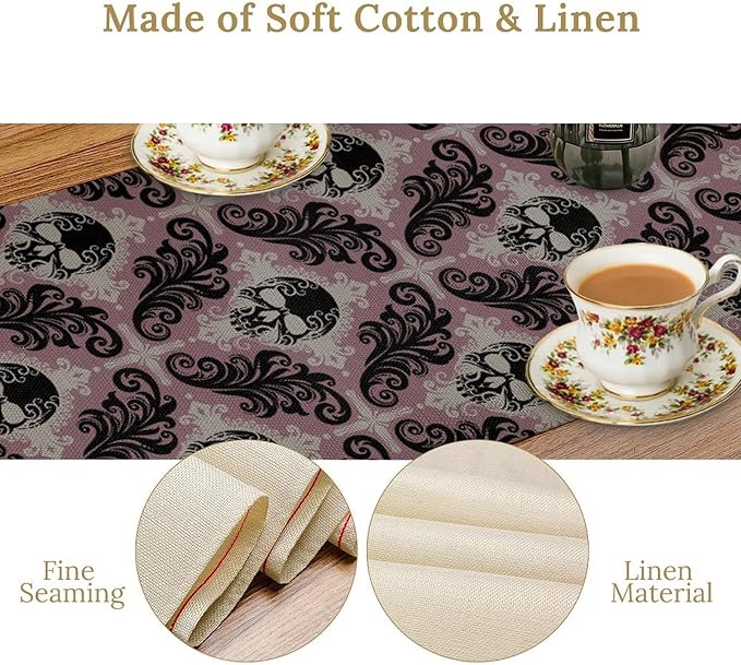 Goth Table Runner, Antique Gothic Damask Skull Baroque Style Floral Halloween Exotic Purple Coffee Vintage Table Center Decor for Kitchen and Dining Outdoor Country Party Table Decorations, 13"x72"