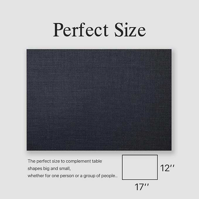 Placemats Set of 12 - Easy Clean Woven Vinyl Placemats for Dining Table, Indoor/Outdoor Place Mats, Washable PVC Table Mats(Black)