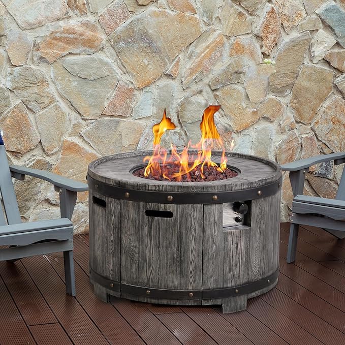 Afterglow Outdoor 36" Round TerraFdab Propane Fire Pit Table for Outside Patio Backyard Garden, Firepit Table with Weather Cover and Lava Rocks(Gas Tank not Included),50000 BTU, Wood Look(Grey)