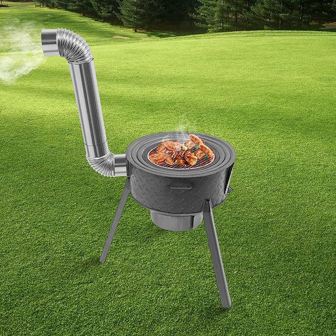 Portable Wood Burning Camping Stove with Grill,Outdoor Camping Stove with 3 Wok Rings 14.96/16.9/18.9 Inch,19.68" Height Freestanding Grills for Backyard, Outdoor Cooking
