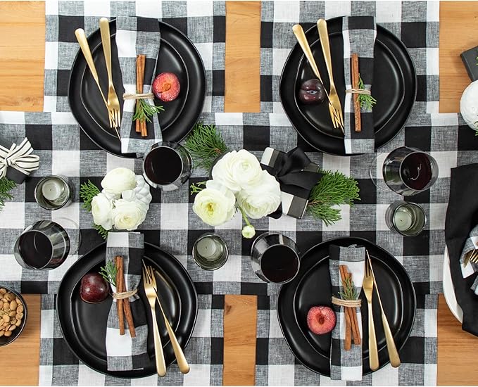 Solino Home Linen Checkered Table Runner 108 Inches Long - 100% Pure Linen Black and White Buffalo Check Table Runner 14 x 108 Inch Ideal for Dining