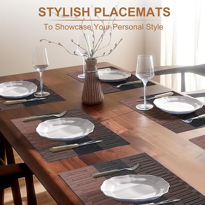 BETEAM Placemats Set of 6, Woven Vinyl Placemat for Dining Table Washable Wipeable Kitchen Place Mats Durable Indoor Outdoor Table Mats