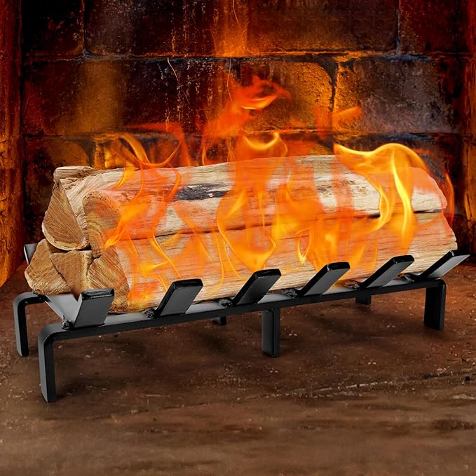 17" Fireplace Grate with Ember Retainer, Wood Stove Grate Rack, Heavy Duty Solid Steel 6-Bars Firewood Holder, Non-Assembly Fire Grate for Indoor Hearth Outdoor Firepit - Matt Black