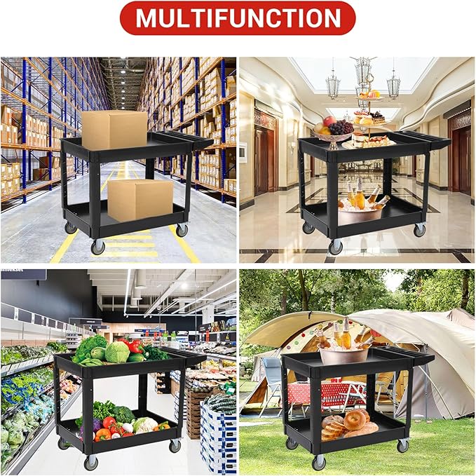 Service Cart 2-Shelf, Storage Handle, 500 lbs Capacity, for Warehouse/Garage/Cleaning/Manufacturing,45"X25" Black