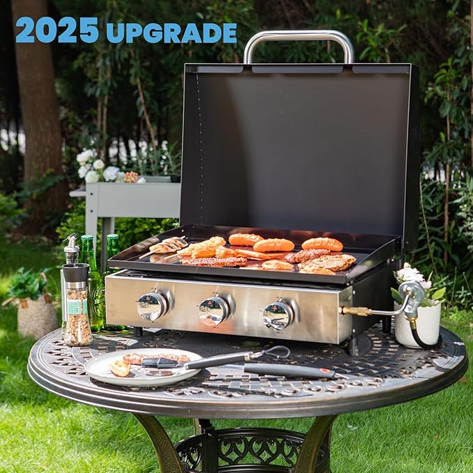 GREEN PARTY 22 inch Tabletop Griddle with Ceramic Coated Cast Iron Plate, 3 Burners Flat Top Griddle, Portable Propane Gas BBQ Grill Griddle for Kitchen Outdoor Cooking Barbecue Camping Tailgating