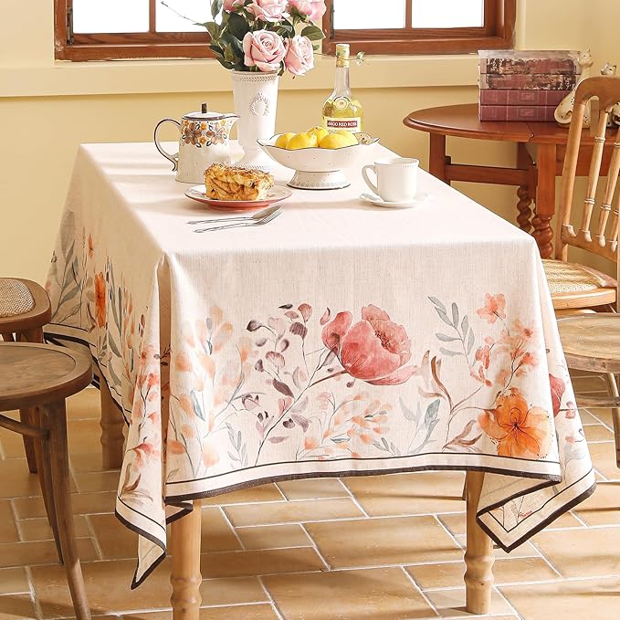 Linen Square Tablecloth,French Vintage Pink Floral Pattern Wrinkle Free Tablecloths,Decorative Table Cover for Kitchen,Dining,Thanksgiving,Christmas,Tea Party,67"*67"-Sloosa