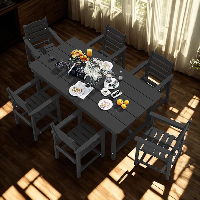 7 Piece Patio Dining Set with 11ft Patio Umbrella (Teal), 7 Black Outdoor HDPE Dining Set with 6 Chairs + 1 Large Table, for Market, Pool, Garden, Backyard, Deck
