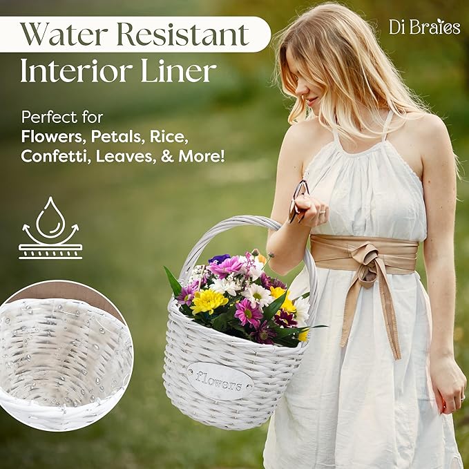 Flower Girl Basket (Set of 2) | Handcrafted Natural Wicker Flower Baskets for Flower Girl - Premium Wedding Basket with Water Resistant Liner - Perfect for Weddings, Parties & Home DΓ©cor