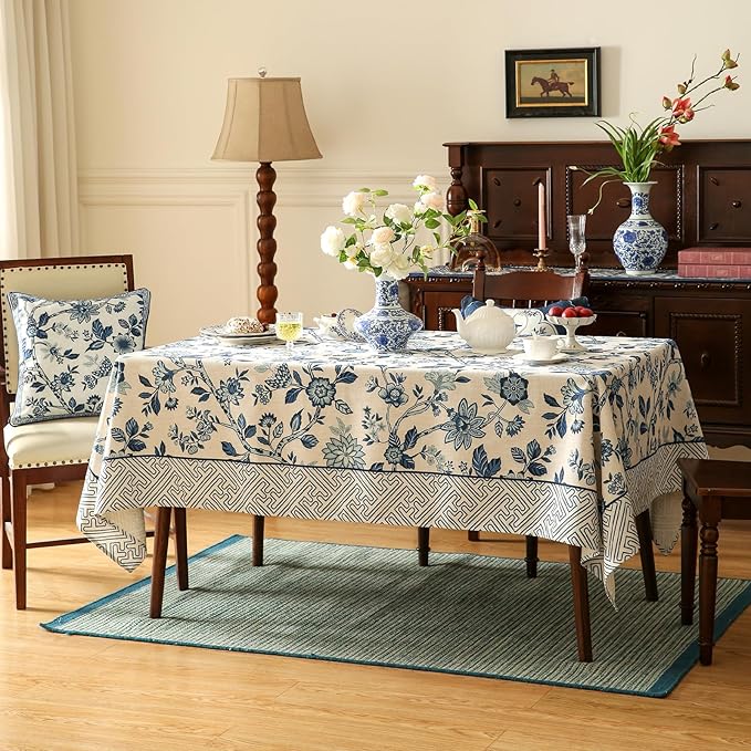 Vintage Blue and White Extra Long Rectangle Tablecloth,French Linen Floral Wrinkle Free Tablecloths,Decor Table Cover for Kitchen,Dining,Party,Thanksgiving,Christmas,63"*110"-Suqing