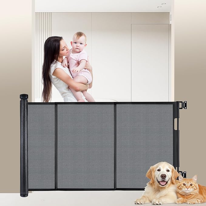 120 inches Extra Wide Baby Gate, 34 inches Tall Retractable Pet Gate for Large Openings, Hallways, Room Dividers, Mesh Safety Barrier for Indoor Outdoor Use, Black