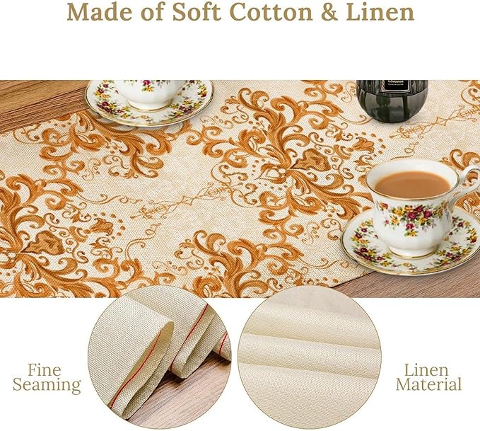 Damask Table Runner, Rustic Gold Gothic Boho Floral Flower Baroque Style Antique Vintage Retro Coffee Table Center Decor for Kitchen and Dining Outdoor Home Country Party Table Decorations, 13"x36"