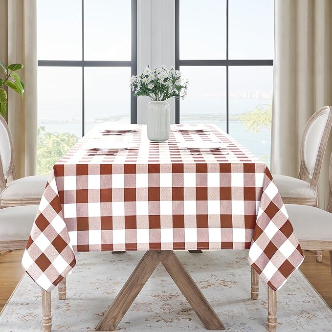 Softalker Gingham Checkered Tablecloth Square - Outdoor Waterproof Buffalo Plaid Table Cloth, Stain Resistant Washable Table Cover for Picnic, Camping, Dining - Rust and White, 54 x 54 Inch