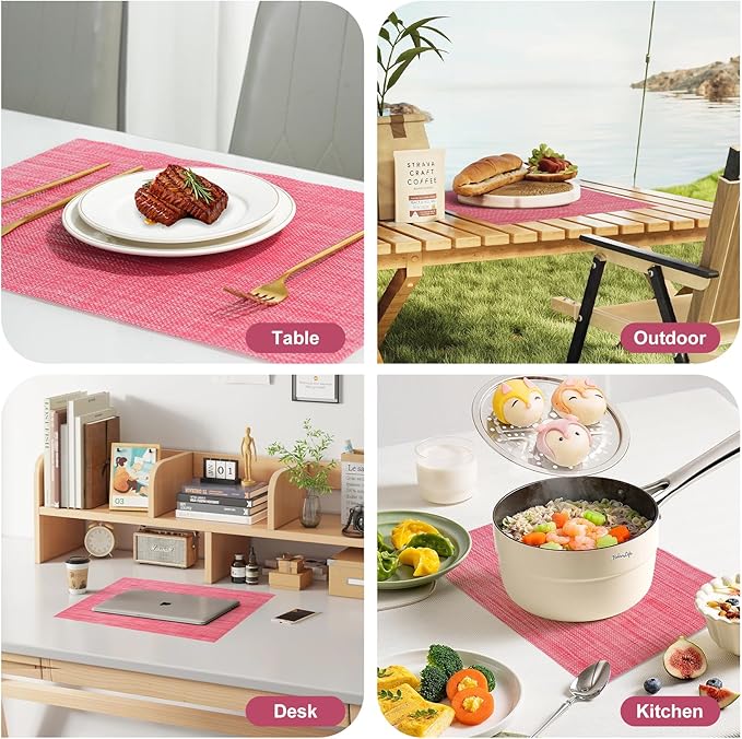 Placemats Set of 6,Christmas Decoration Non-Slip PVC Weave Table Mats Easy to Clean,Heat Resistant Place Mats for Kitchen Dining Table Decoration Indoor Outdoor,Red
