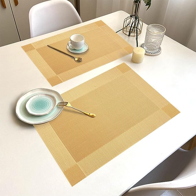 Placemats Set of 8 Washable&Wipeable Place mats for Dining Table Kitchen Indoor Outdoor Table Mats Heat Resistant Non Slip Woven Vinyl Table Placemats (Gold,8PCS)