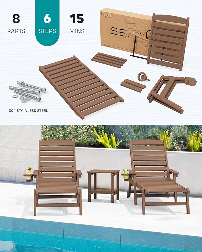SERWALL Patio Chaise Lounge Chair Set of 2, 78'' Long HDPE Outdoor Lounger, 5 Positions Adjustable Poly Lounge Chair with Rolling Wheels & Cup Holder for Pool, Brown