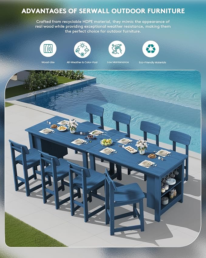 SERWALL 8-Piece HDPE Counter Height Dining Table Sets with Storage and Wine Rack, 2 Rectangular Bar Table with Bar Stools Set of 6 for Garden, Backyard, Kitchen, Blue