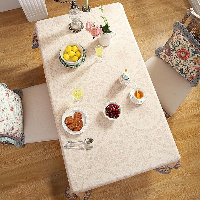 Beige Linen Rectangle Extra Long Tablecloth,Vintage Indian Style Soft and Colorfast Floral Tablecloths,Decor Table Cover for Kitchen,Dining,Thanksgiving,63"*110"-Flowershadow E