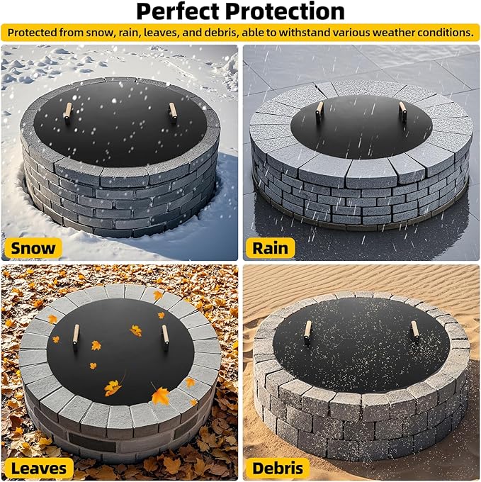 G GOOD GAIN Firepit Lid Round 36 Inch - Rust Resistant Fire Pit Lid Cover with Wooden Handle & Gloves, Fire Pit Snuffer Lid for Courtyards, Patio, Winter Cold Protection. Fits Fire Pits Up to 34"