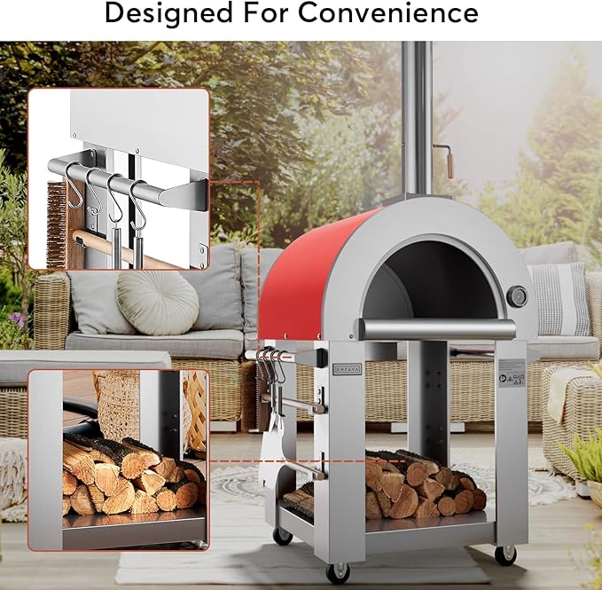 Empava Pizza Oven with Open Shelf and Wheels for Outdoor Kitchen, Wood Fire for Grill & Camping Backyard Party in Stainless Steel, 38.6Inch, Italian Red