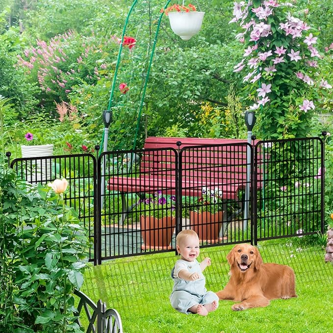 Garden Fence with Gate 36 in(H)×27 in(L) 4 Panels, Heavy Duty Iron Animal Barrier Fence, Rabbit Fence for Garden, Suitable for Indoor Pet Or Outdoor Dog Fencing, Total 8.9 Ft(L), Black