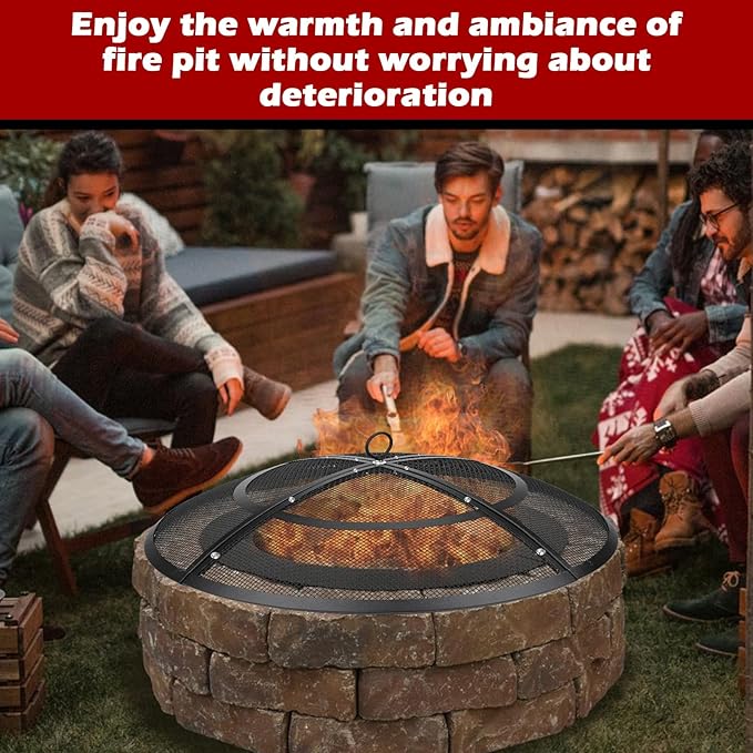 Fire Pit Spark Screen,36 Inch Fire Pit Screen Cover Outdoor with Handle&Poker,Heavy-Duty Steel Firepit Screens Cover Round Mesh Replacement for Backyard/Beach/RV Camping