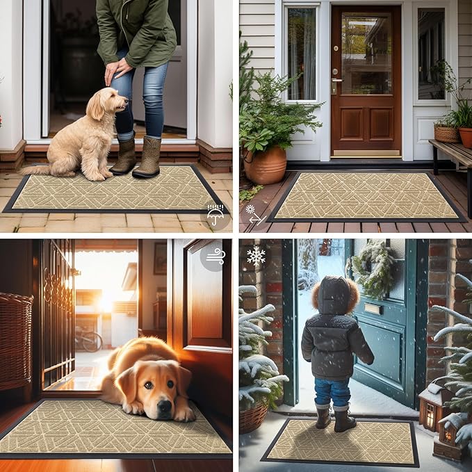 Smiry Front Door Mat Outside Entrance, Heavy Duty Sturdy Natural Rubber Doormat, Trap Dirt and Moisture, Easy Clean Low Profile Mats for Indoor Outdoor Entry, Grid Geometric (71x24, Beige)