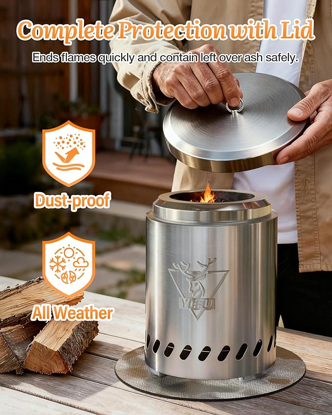 YEFU Tabletop Fire Pit 7.5 x 5.5 in, Low Smoke Camping Stove for Outdoor & Patio, Fueled by Pellets or Wood, Safe Burning Table Top Firepit, with Travel Bag & 2 Mini Sticks & Fireproof Mat, Silver