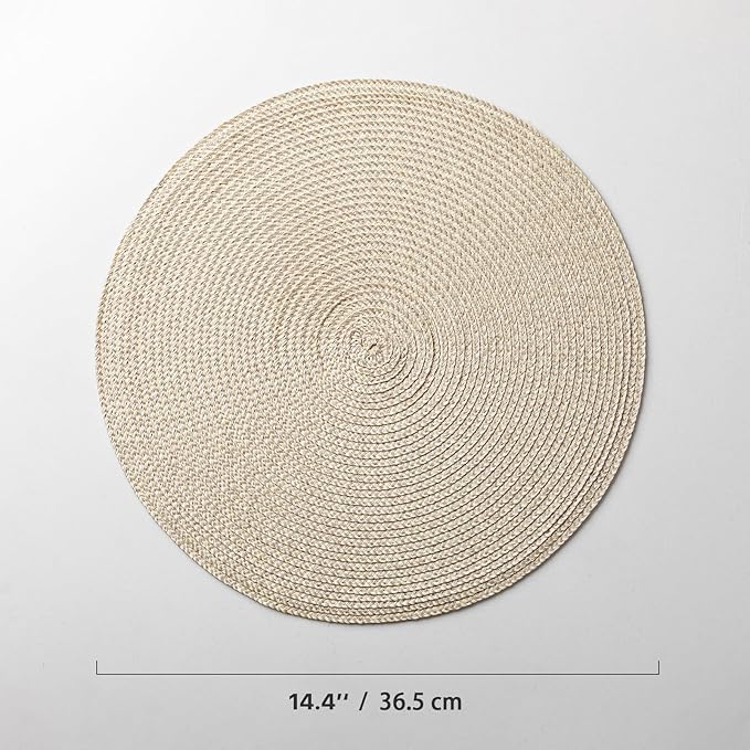 Round Placemats Set of 6 Plastic Woven Placemats Washable Wipeable Table Mats for Dining Table Heat Resistant Non-Slip Circle Place Mats (Beige-Brown)
