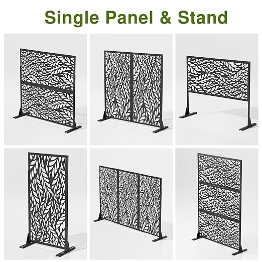 Casaphoria 72" H x 47" W Metal Outdoor Privacy Screen, Freestanding Decorative Divider for Patio, Deck, Balcony, and Garden with Stable Base, Black Spring