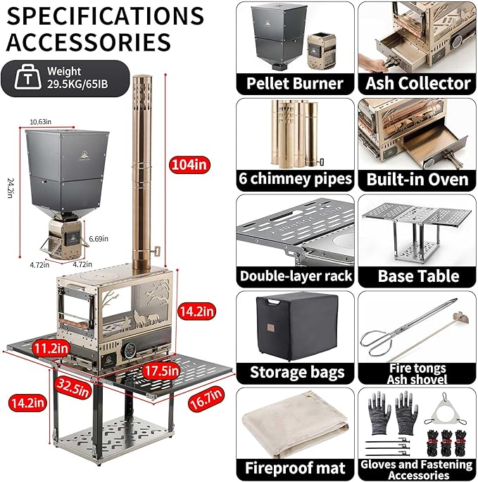 M8 Pellet Stove with Pellet Burner/Oven/Base - Portable Stainless Steel IGT Hot Tent Stove, Includes 6 Chimney Pipes for Camping, Tents, Cooking & Travel, Rose Gold