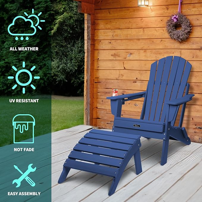 FUNBERRY Folding Adirondack Ottoman, HDPE All Weather Outdoor Foot Rest, Easy Storage Patio Footstool, Ottomans and Footstools for Outside