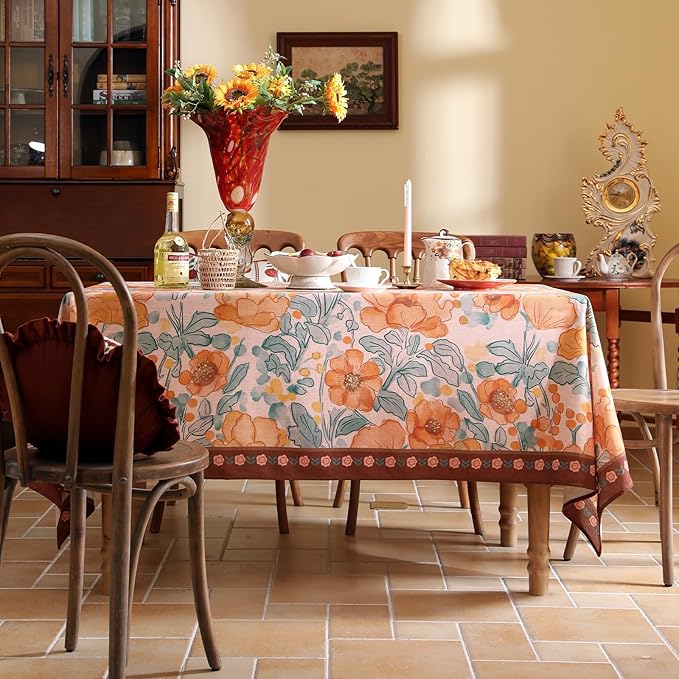 Vintage Linen Square Tablecloth,Italian Orange Floral Soft and Wrinkle Resistan Table Cloth,Decor Table Cover for Kitchen,Dining,Party,Thanksgiving,Christmas,67"*67"-Positano