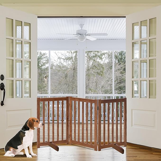 LZRS Freestanding Dog Gate 30 inch Tall - 3 Panels Solid Wooden Pet Gate for Doorways, Stairs & Hallways, Expandable & Foldable with Support Feet,Indoor Use,Oak