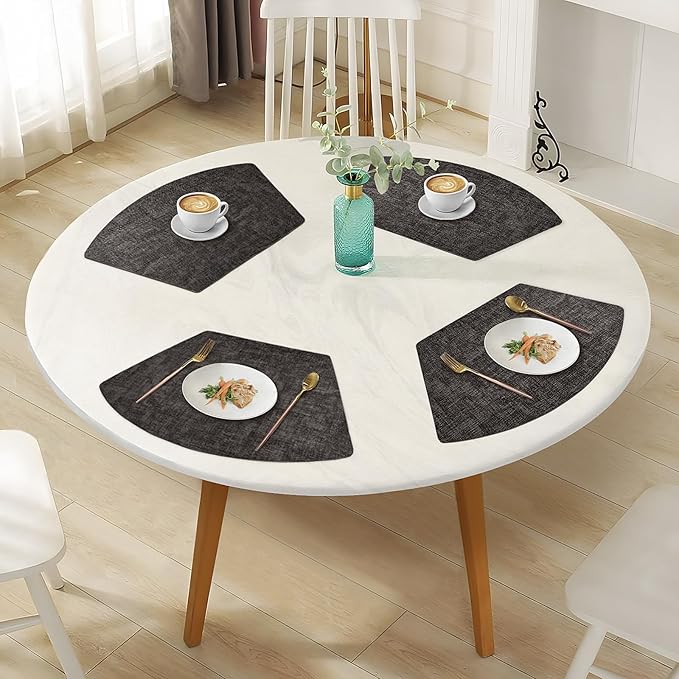 Round Table Placemats Set of 6, Faux Leather Wedge Shape Place Mats Heat Resistant Wipeable Washable Table Mats for Dining Outdoor Indoor, Black