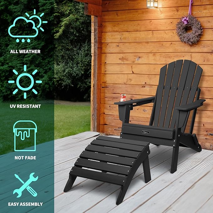 FUNBERRY Folding Adirondack Ottoman Set of 2, HDPE All Weather Outdoor Foot Rest, Easy Storage Patio Footstool, Ottomans and Footstools for Outside